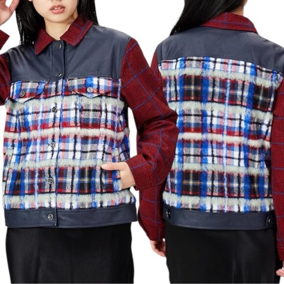Desigual Ingrid Trucker Jacket US L Plush Tartan Faux Leather Trim Blue - Picture 2 of 16